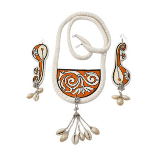 Detailed close-up of the brown hand-painted folk art pendant showcasing traditional Indian motifs, fabric texture, and fine craftsmanship.