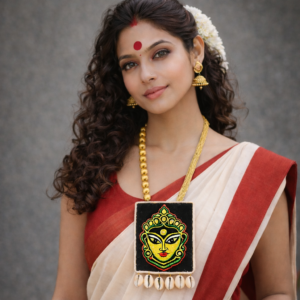 handmade Goddess Kali pendant necklace with gold bead chain and traditional black dhoti outdoors
