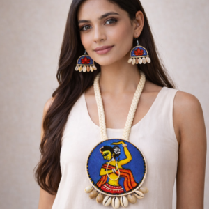 Krishna handpainted pendant necklace with lotus shell earrings