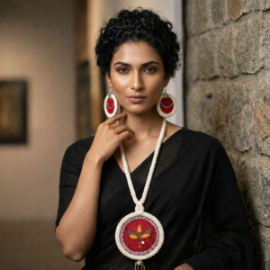 Hand painted canvas long pendant necklace set with matching earrings for women