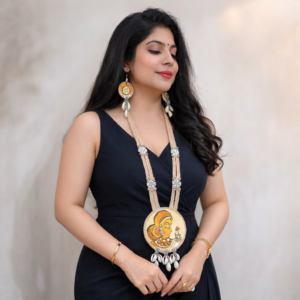 Handpainted tribal art pendant necklace set with matching earrings for women