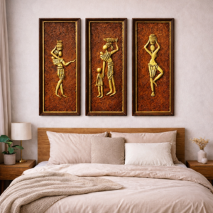 handmade tribal wall art set of 3 panels in living room setup wooden ethnic wall decor by Priya Prakash