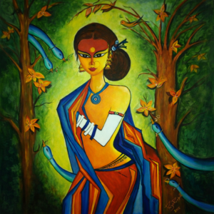 Original handmade oil painting of Indian woman abstract art on canvas 50x66 cm by Priya Prakash