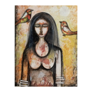Original handmade acrylic painting “Women With Two Birds” by famous artist Priya Prakash