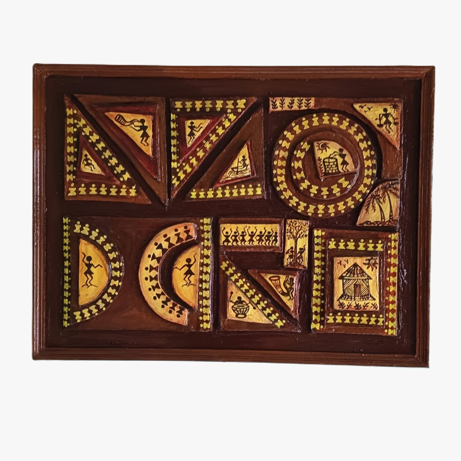 Handmade geometric Warli wooden wall art sculpture by Priya Prakash