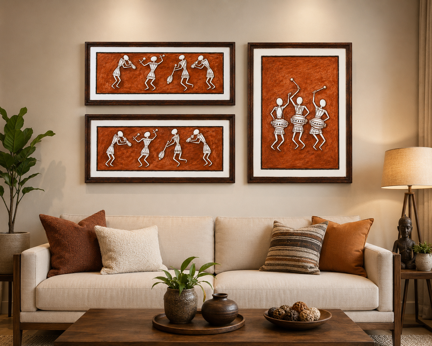 Wooden Warli Tribal Wall Art Displayed in Modern Living Room