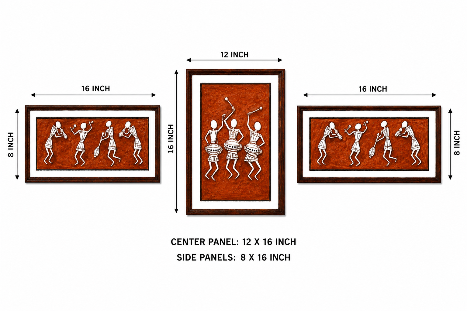 Warli Art Wall Panel Size Guide 12x16 and 8x16 Inch