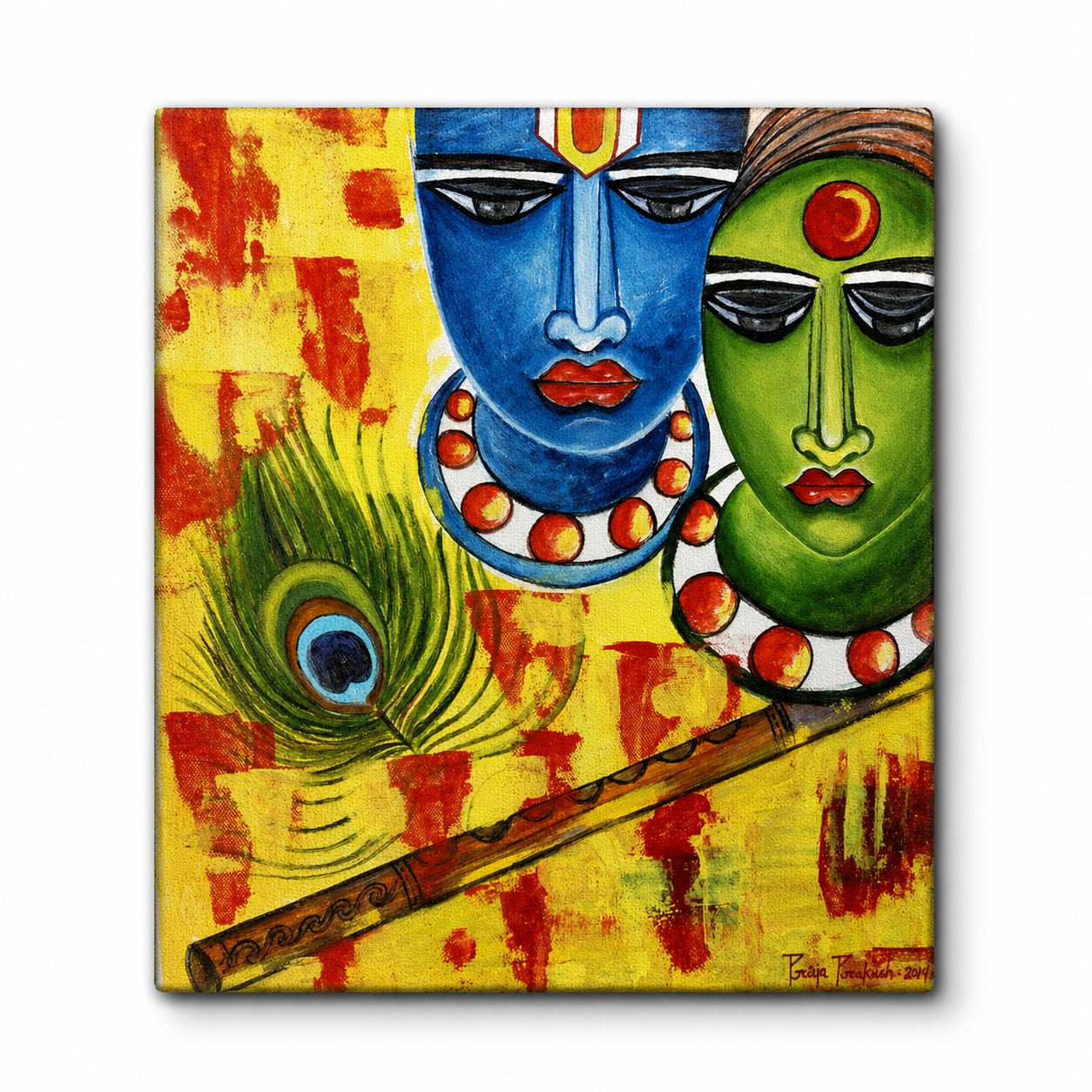 Original Radhey Krishna acrylic canvas painting by Priya Prakash with flute and peacock feather