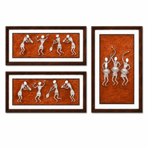 Handcrafted Wooden Warli Art 3 Panel Wall Mural Set with Tribal Folk Design