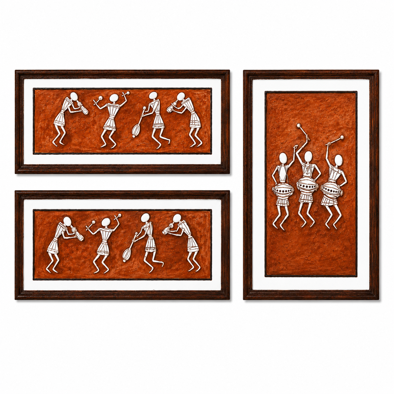 Handcrafted Wooden Warli Art 3 Panel Wall Mural Set with Tribal Folk Design