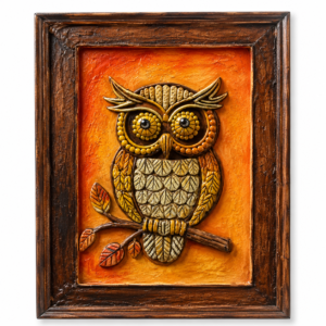Handmade owl wall art with 3D clay texture and wooden frame for luxury home décor and vastu wealth attraction