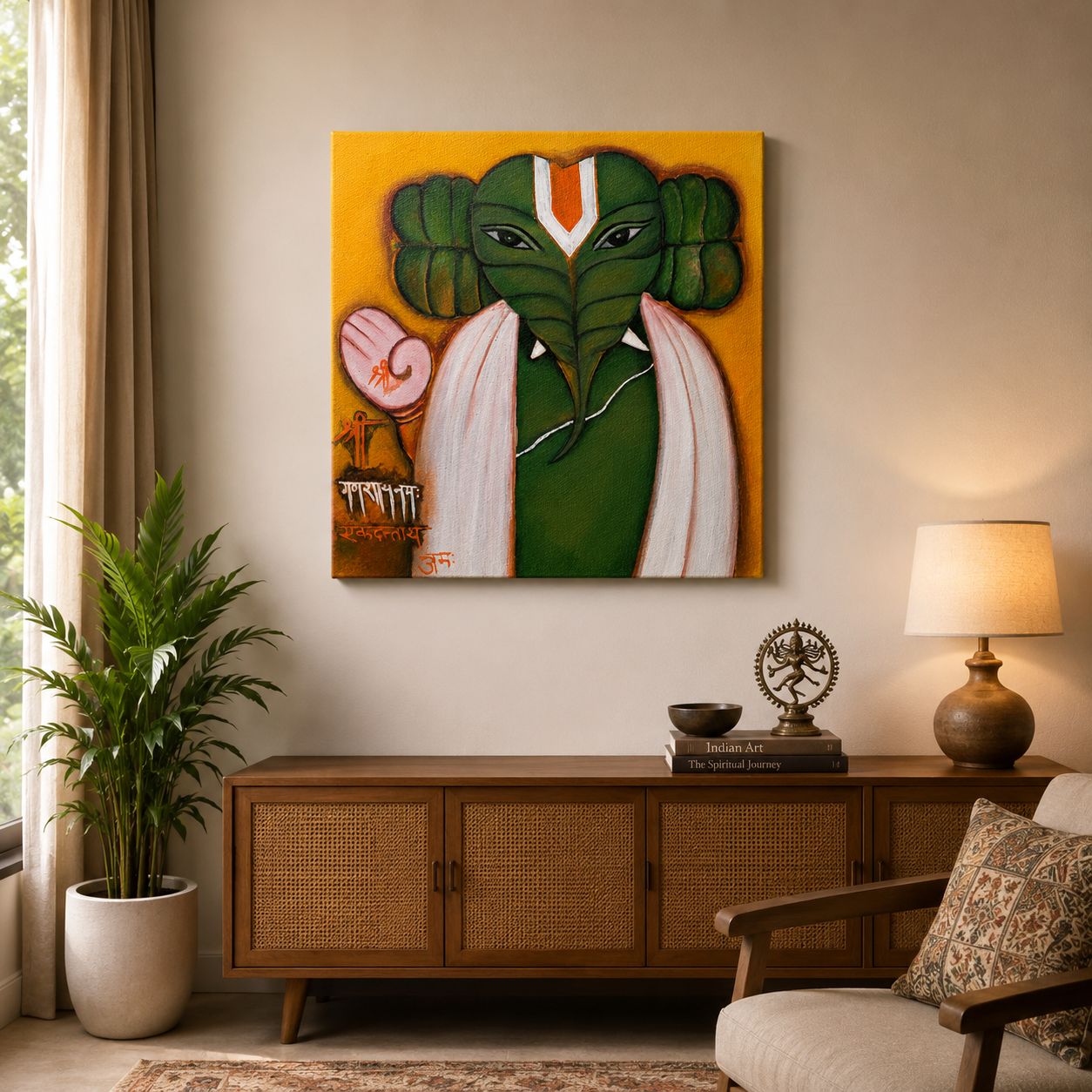 Vighnaharta Ganesha painting displayed in modern living room