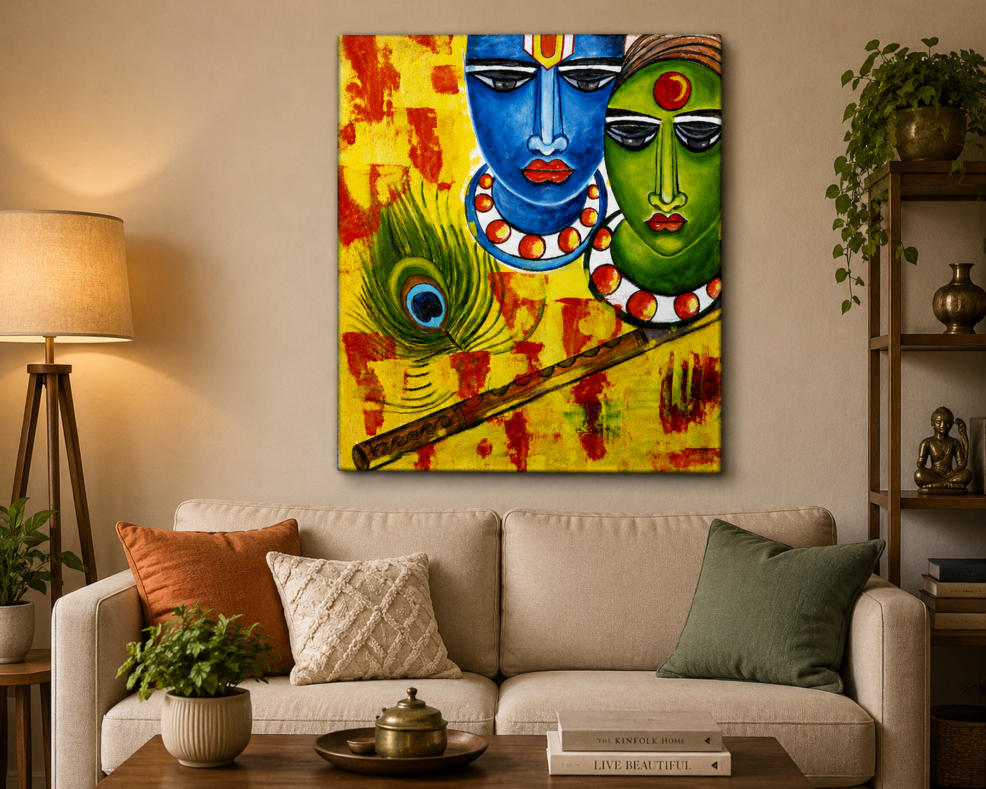 Original Radhey Krishna acrylic canvas painting by Priya Prakash displayed in modern living room
