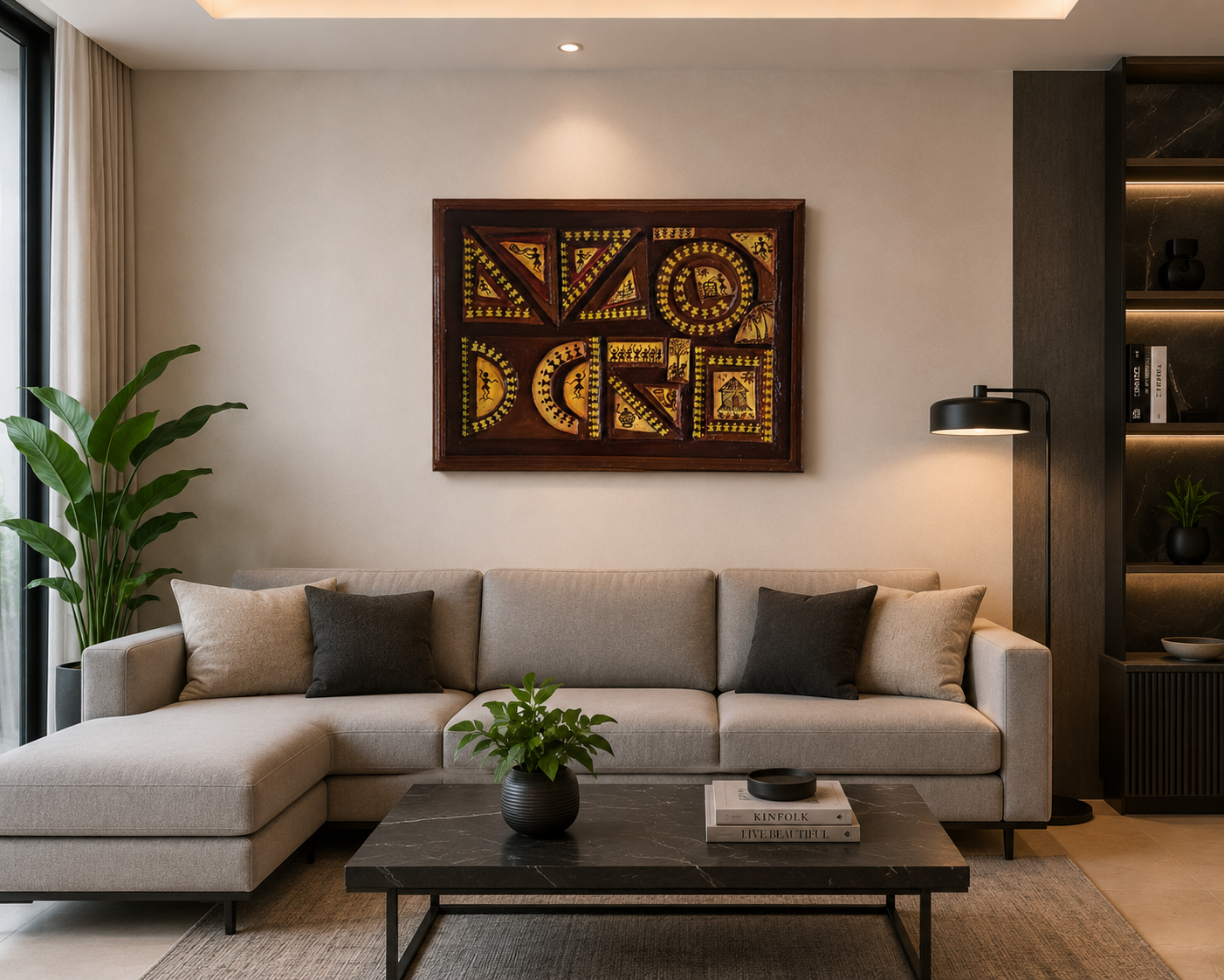 Handmade geometric tribal wooden wall art displayed in modern living room